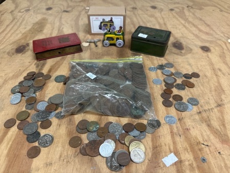 Various Coins, Vintage Wind Up Toy Car & 2 Vintage Metal Tins