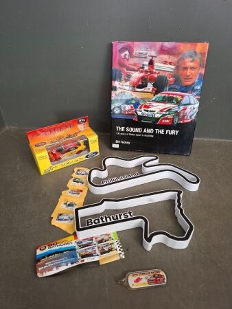 Dick JohnsonThe Last Race Model Car, Box signed, The Sound & Fury Book, Philip Island & Bathurst Track Map signs, Stamps & Key Ring