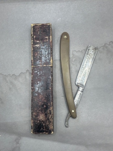 The J W Geni Co Germany brown handle cut throat razor iob