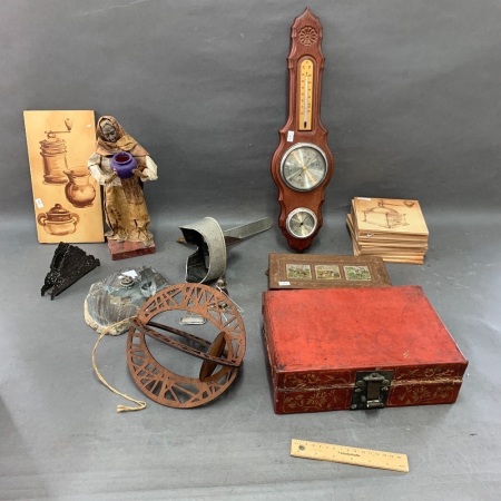 Large Asstd Box inc. Barometer, Stereo Viewer, Tiles, Boxes Etc,