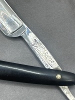Reberson USA etched blade black handle cut throat razor iob - 3