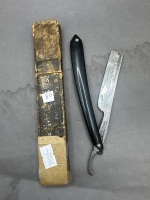 Hibbard Spence Bartlet Germany black handle cut throat razor iob