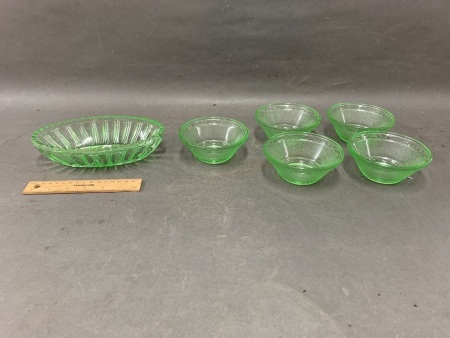 5 Vintage Uranium Sundae Dishes + Green Depression Glass Bowl
