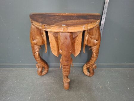 Mid Century Hand Carved, Polished Solid Teak Demilune Console Table