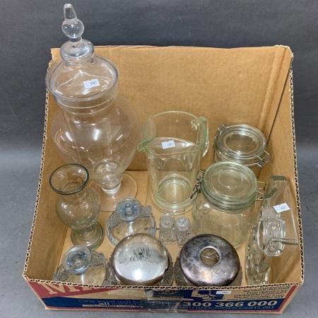 Box Lot of Asstd Vintage Glass inc. Desk Tidy, Cruet, Vanity Bowls Etc.