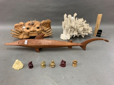 Asstd Lot inc. Mini Buddhas, Carved Balinese Bell, Faux Coral & Carved Shark