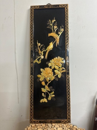 Antique Chinese Lacquered Panel with Applied Mother of Pearl Birds and Flowers