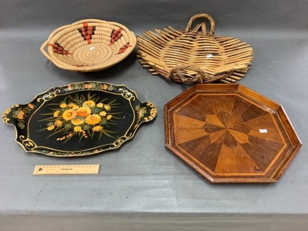 4 Asstd Trays inc. Papier Mache, Marquetry & Woven Cane