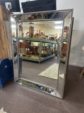 Large Rectangular Silver Beaded Framed Mirror with Bevelled Edge