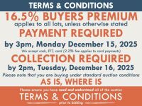 TERMS AND CONDITIONS: 16.5% BUYERS PREMIUM APPLIES TO ALL AUCTION LOTS UNLESS ADVISED (An additional 1.65% fee applies to online bidders) | PAYMENT REQUIRED by 3pm, Monday December 15, 2025 - We accept cash, EFT, card (2.2% fee applies to card payments) |