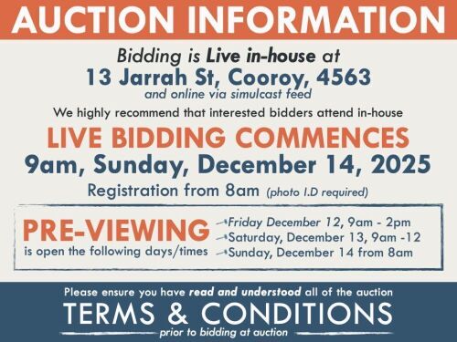 AUCTION INFORMATION: Bidding is live at 13 Jarrah St, Cooroy, 4563 & online via web feed (simulcast) - It is recommended that interested bidders attend the auction onsite | BIDDING COMMENCES: 9am, Sunday, December 14, 2025, Registration from 8am (photo I.