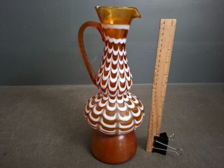 Vintage Lavorazione Empoli Style Amber & White Glass Pitcher on Wooden Base