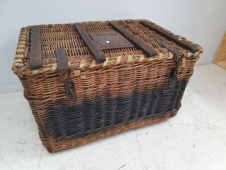 Large Antique Wicker Steamer Trunk with Original Leather Bindings, Rope Handles and Tin Plates