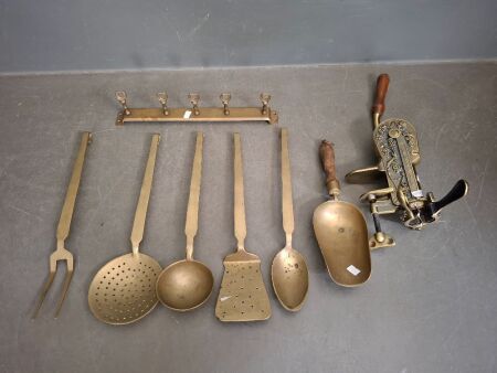 Brass Lot of Kitchen Utensils and Repo Roger Estate Table Top Bottle Opener - Bronze Look