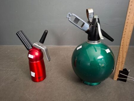 Vintage Green Soda Syphon and Red Quick Whip Bottle