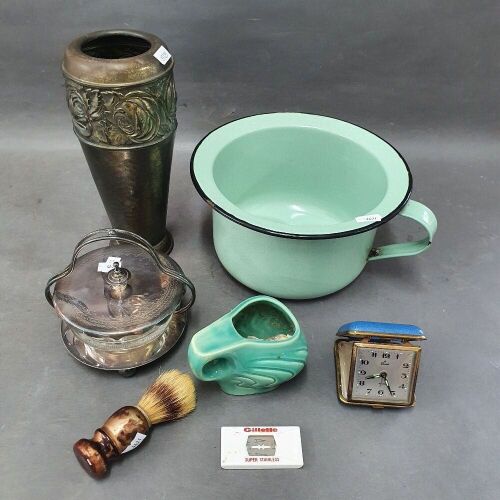 Asstd Lot inc. Vintage Enamel Potty, Shaving Kit, Travellers Clock, EPNS Conserve Dish + Pressed Tin Vase