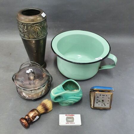 Asstd Lot inc. Vintage Enamel Potty, Shaving Kit, Travellers Clock, EPNS Conserve Dish + Pressed Tin Vase