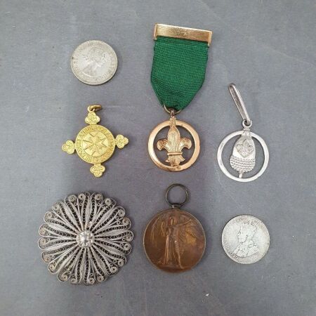 Collection of Medals, Medallions, Vintage Coins inc. S.Silver Scouts Badge & 1918 & 1954 Australian Florins