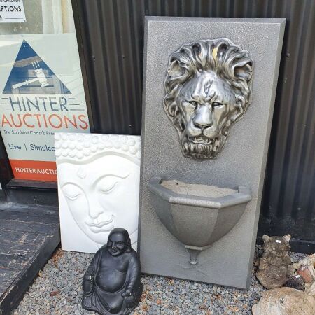 Heavy Buddha Wall Plaque, Lions Head Water Feature + Concrete Buddha