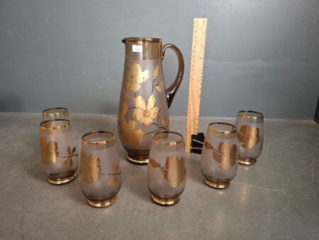 Czech Mid-Century Pitcher & Six Glasses &ndash; 24k Gold Floral