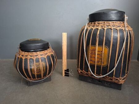 Pair of Vintage Black Lacquerware Bamboo Rice Storage Containers with Script