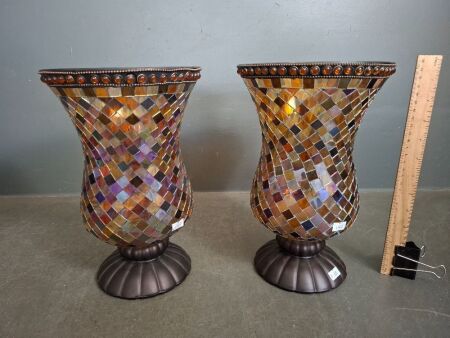 Pair of Hurricane Amber Mosaic Candle Vases