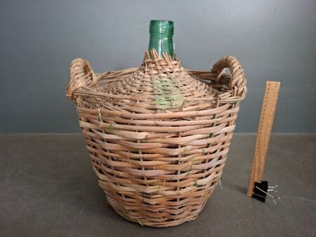 Antique Hand Blown Wicker Wrapped Green Demijohn - Italy
