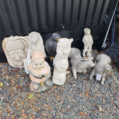 Collection of 8 Concrete & Terracotta Garden Statues inc. Gnomes, Totems, Birds etc - Some As Is
