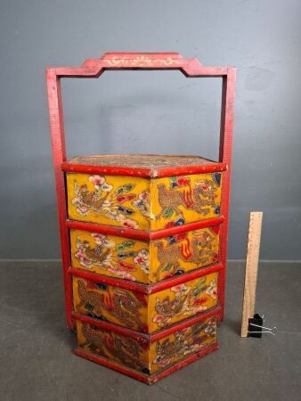 Tall Chinese Painted Wedding Basket/Tiered Food Carrier with Dragon & Phoenix Enamel Decoration