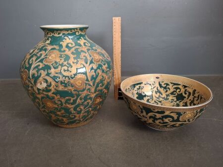 Large Decorative Vase and Bowl - Green and Gold