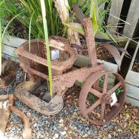 Collection of Rusty Iron Garden Bits inc. Wheel, Old Trolley, Stove, Candle Sconces, Cream Seperator etc. - 2