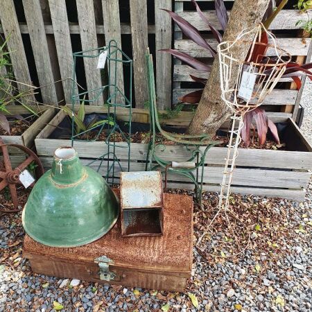 Collection of Old Iron Bits inc. Enamel Shade, Tin Trunk, 2 Plant Stands, Bench Ends Etc