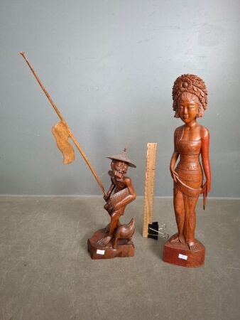 Carved Timber Female Balinese Figure & Carved Timber Asian Fisherman