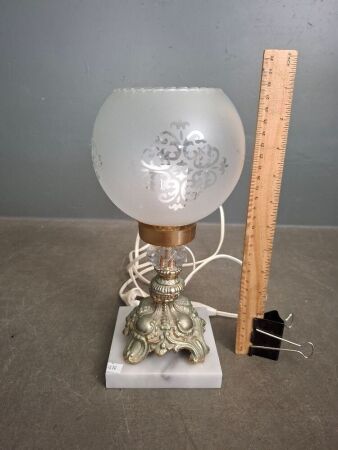 Brass Table Lamp with Marble Base and Etched Glass Shade