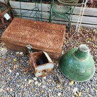 Collection of Old Iron Bits inc. Enamel Shade, Tin Trunk, 2 Plant Stands, Bench Ends Etc - 2