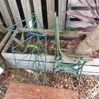 Collection of Old Iron Bits inc. Enamel Shade, Tin Trunk, 2 Plant Stands, Bench Ends Etc - 3