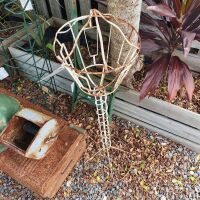 Collection of Old Iron Bits inc. Enamel Shade, Tin Trunk, 2 Plant Stands, Bench Ends Etc - 4