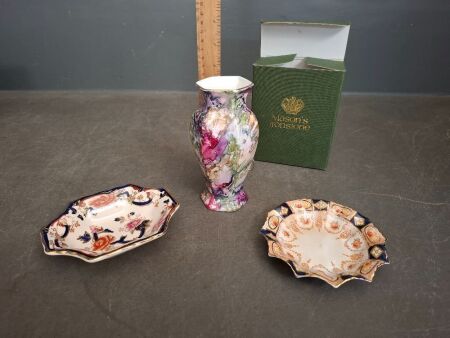 Visions Hand Painted Helen Bull Ceramics Vase, Manto Ware Japan Fine Bone China Dish & Masons Ironstone Mandalay Hand Painted Dish