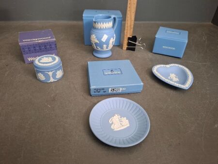 Wedgwood Jasperware Blue Trinket box, Jug, Heart Plate & Miniature Plate