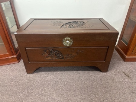 Chinese Camphor wood Chest with Decorative Engraved Brass - Made by George Zee & Co Hong Kong 1960