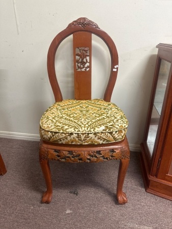 Asian Carved Timber Chair with Upholstered Seat