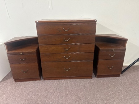 Pair of Timber Bedside Tables - with 2 Drawers and Pull Out Shelf + 5 Drawer Tall Chest of Drawers - Made by Chiswell