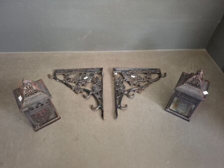 Pair of Decorative Metal Lanterns on Wall Mounted Brackets