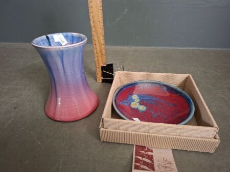 John Eagle Pottery Australia Red & Blue glaze with depiction of gum leaves & Diana Pottery Style Blue & Pink Glazed Vase