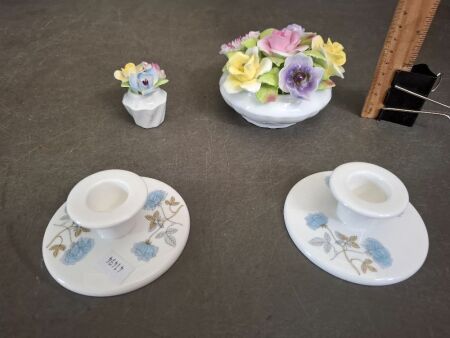 Coal Port Fine Bone China Hand Painted Floral Display, Miniature Royal Doulton Ceramic Floral & 2 x Wedgwood Ice Rose Candle Holders