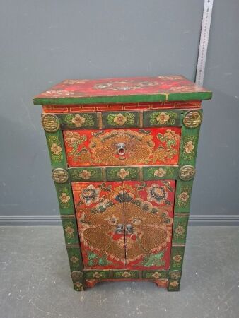 Hand-Painted Tibetan-Style Accent Cabinet - Red and Green Tone with Traditional Designs