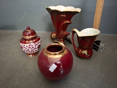 Crown Devon Rouge Royale Gold Trim Jug and Vase (has crack), Eski Harem Hand Painted Ginger Jar & West German Red Ceramic Vase