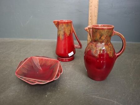 Crown Ducal Ware Art Deco Pottery Jugs & Dish with Flamboyant Glaze
