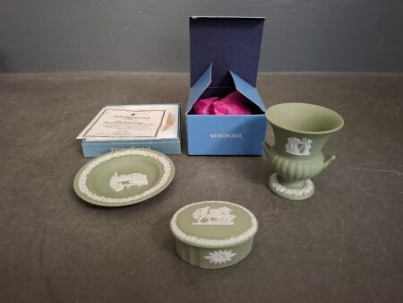Wedgewood Jasperware Sage Green Vase, Trinket Box, & Miniature Plate