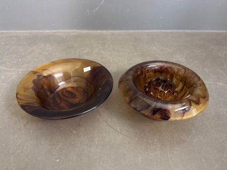 Art Deco George Davidson Amber Cloud Glass Bowls w. 1 Frog